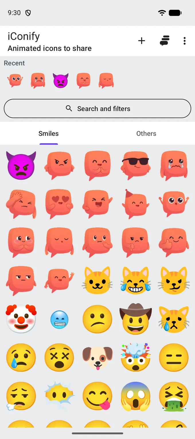 The catalogue: a Recent row of icons, a Search and filters button, Smiles and Others tabs, and a grid of animated icons five to a row.