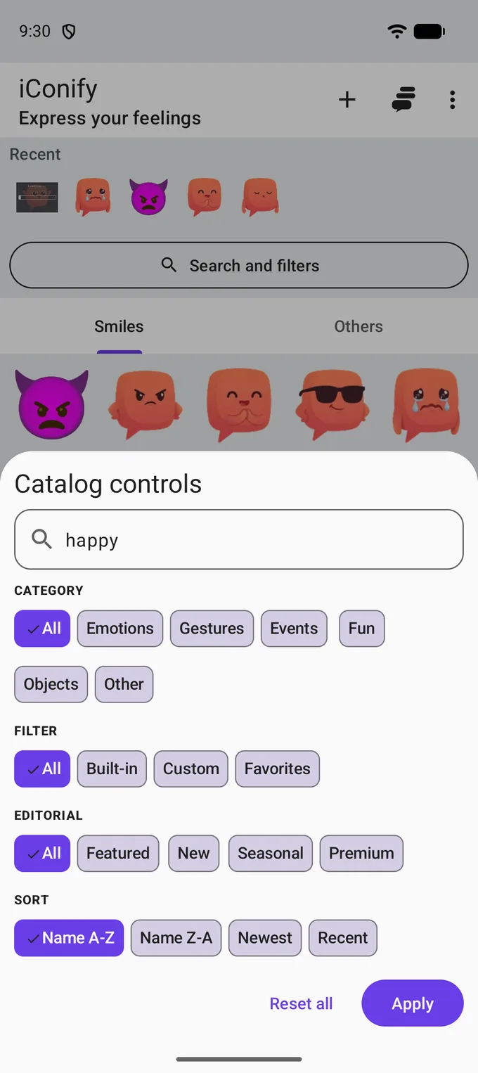 The catalogue controls sheet over the grid: a search field reading happy, and chip rows for Category, Filter, Editorial and Sort, with Reset all and Apply at the bottom.