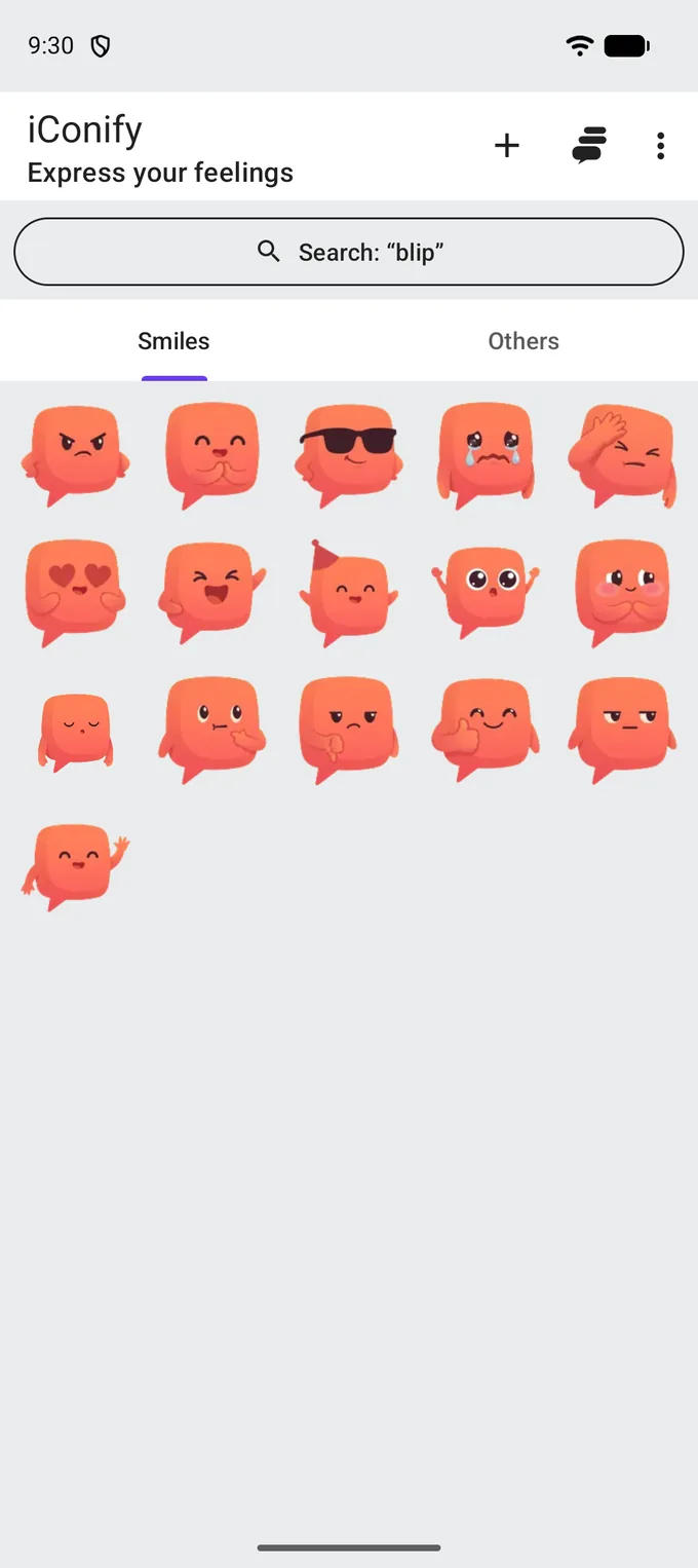 The catalogue after a search for blip: the grid shows only coral Blip faces, sixteen of them.