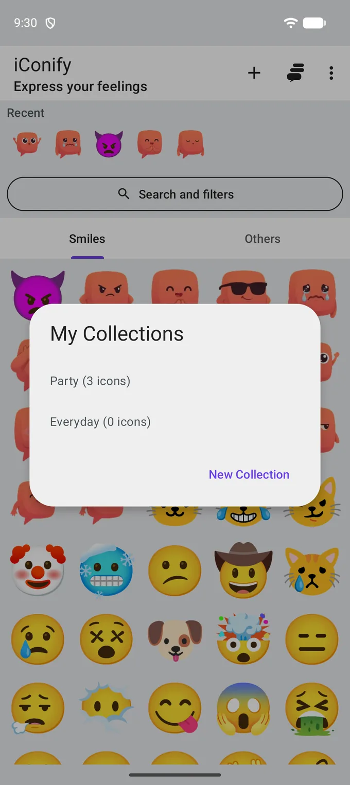 The My Collections dialog over the catalogue: two collections with the number of icons in each, and a New Collection link.