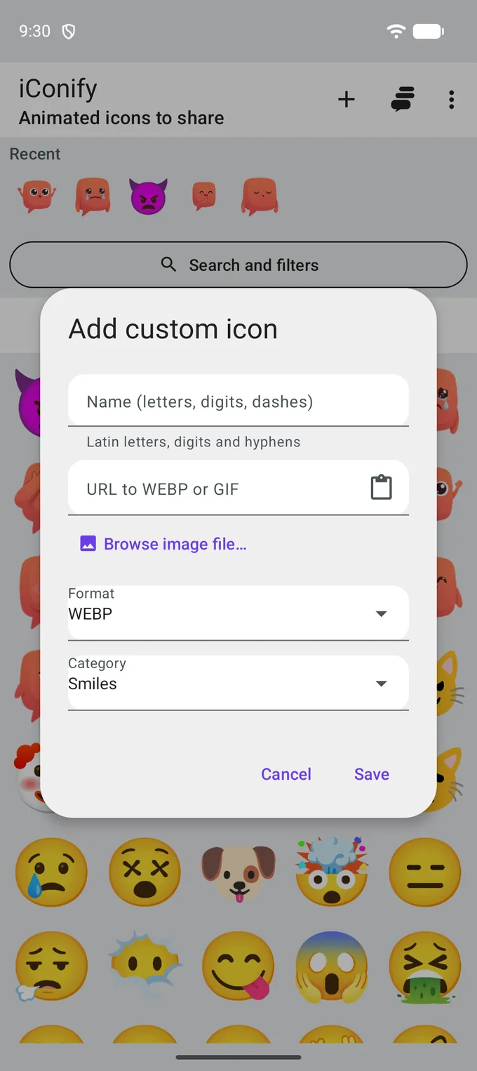 The Add custom icon dialog: a name field, a URL field for a WEBP or GIF with a paste button, a Browse image file link, Format and Category selectors, and Cancel and Save.