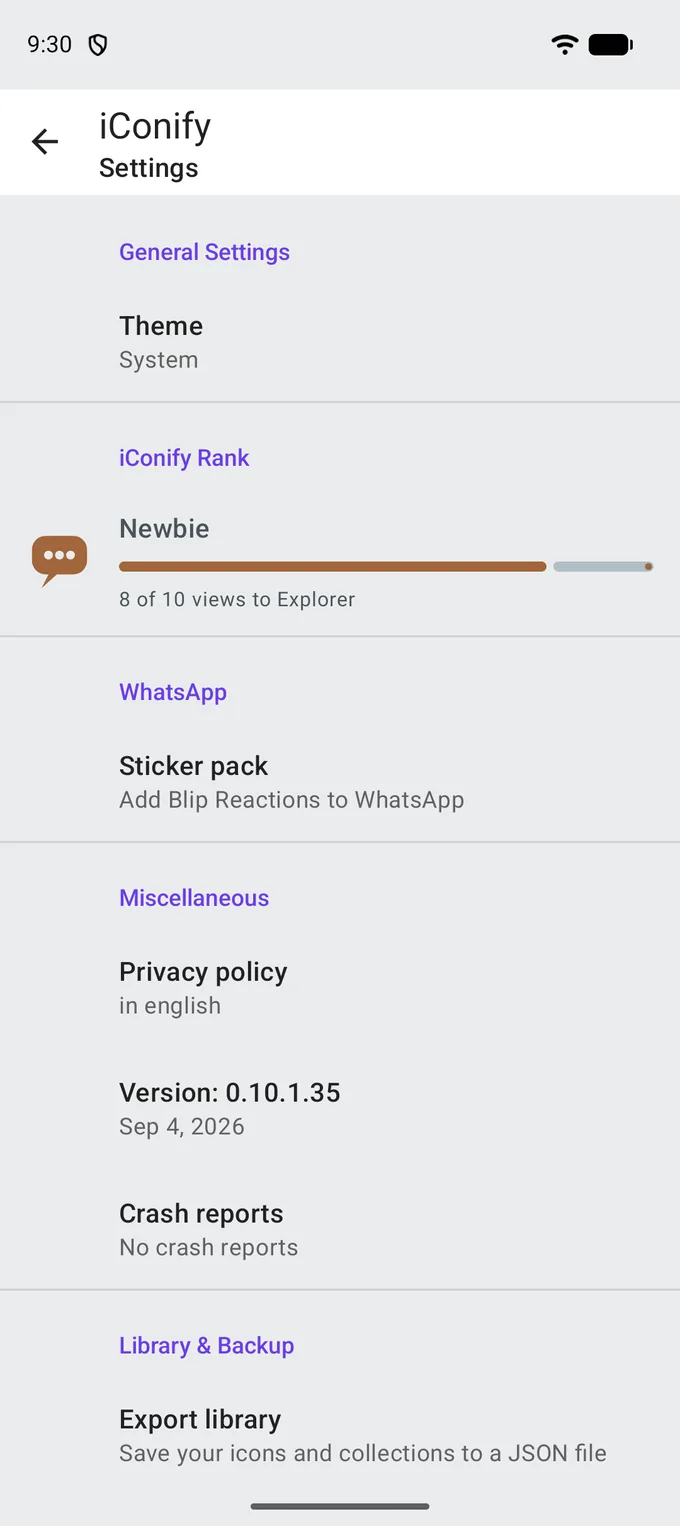 The Settings screen: Theme set to System, iConify Rank showing Newbie with a progress bar, the WhatsApp sticker pack row, the privacy policy, the app version and Export library.